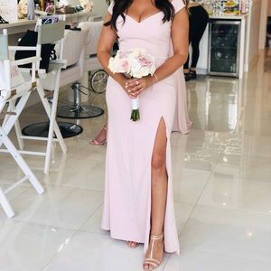 Off shoulder nude gown with high slit